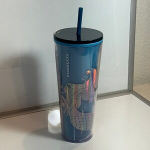 Starbucks Iridescent Mermaid Blue Cold Cup Tumbler 24 oz‎ With Straw